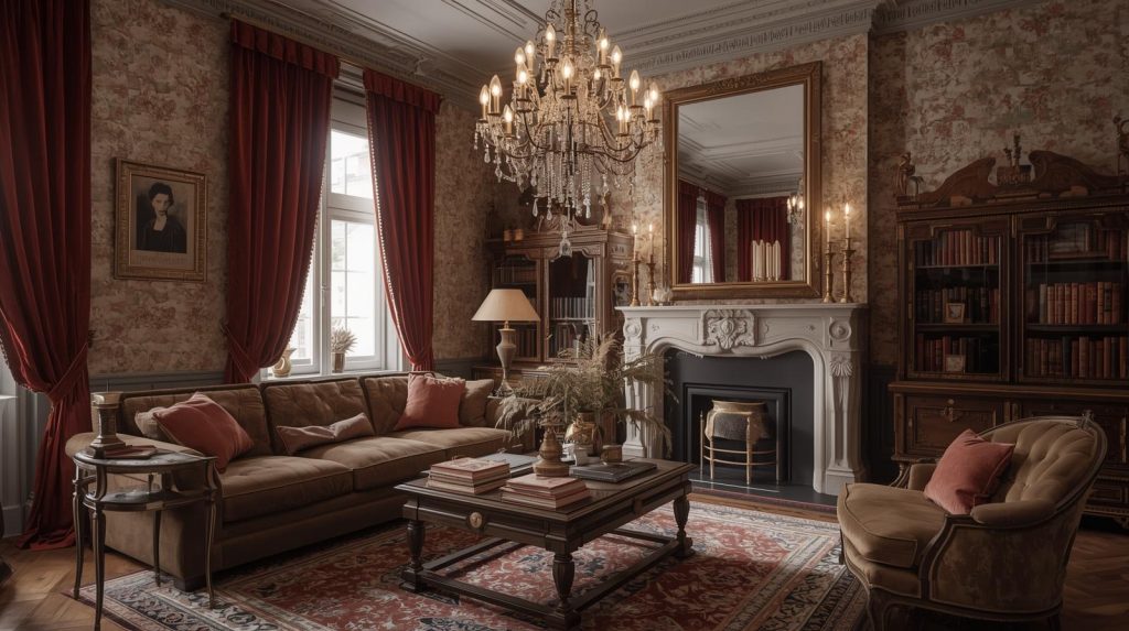 Castlecore Wohnzimmer mit schweren roten Samtvorhängen, antiken Holzmöbeln, prunkvollem Kronleuchter und ornamentiertem Kamin, inspiriert von romantischem Cottage Stil und historischer Einrichtung