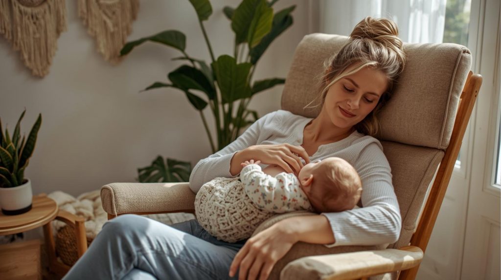 Stillende Mutter mit Baby im Stillsessel aus hellem Stoff, weiche Armlehnen, warmes Tageslicht, Pflanzen im Hintergrund.