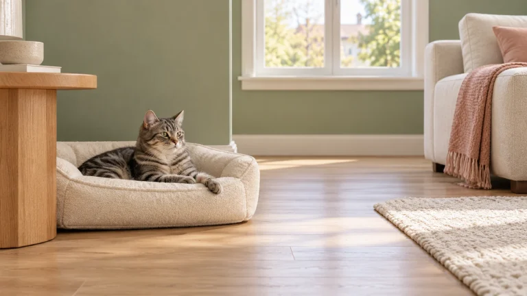 Erwachsene getigerte Katze auf einem offenen hellen Liegeplatz mit freiem Weg ins Zimmer.