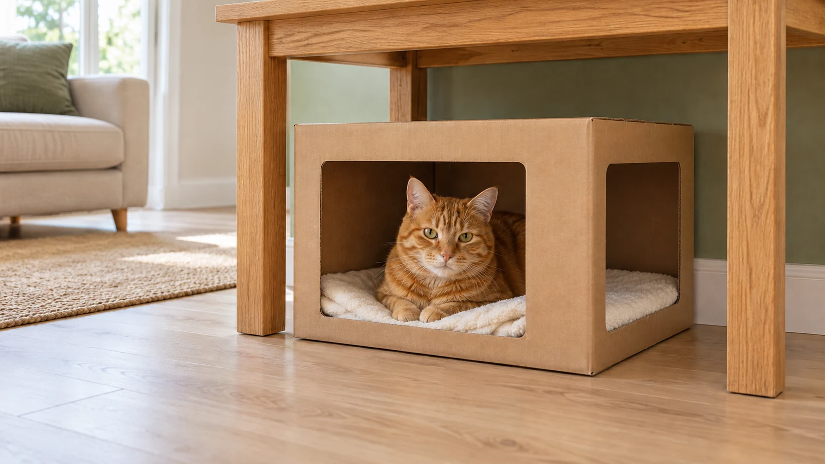 Rote Katze in einem ausgelegten Karton unter einem stabilen Tisch; seitlich ist eine zweite Öffnung sichtbar.