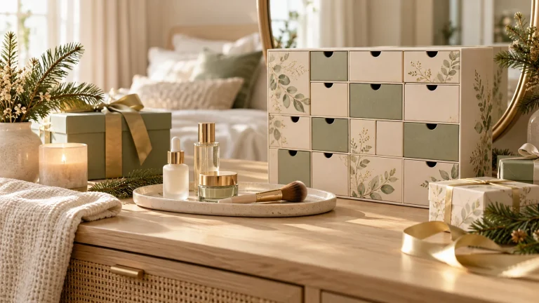 Helle Adventsszene mit Kalenderbox und neutralen Pflegeprodukten in Creme und Salbeigrün