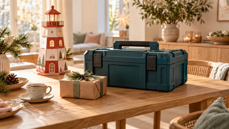 Helle Adventsszene mit Werkzeugkoffer, dekorativem Leuchtturm und Kaffee auf einem Holztisch