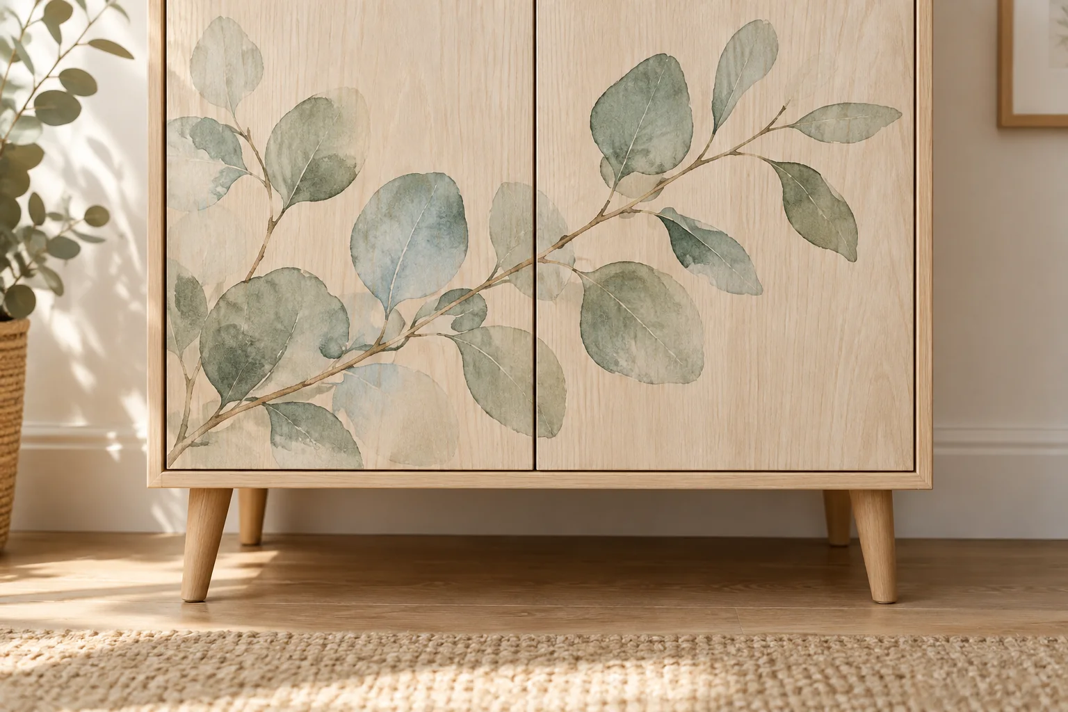 Dekorative Holzfront mit zarten grünen und blauen Aquarellblättern und freier Türfuge