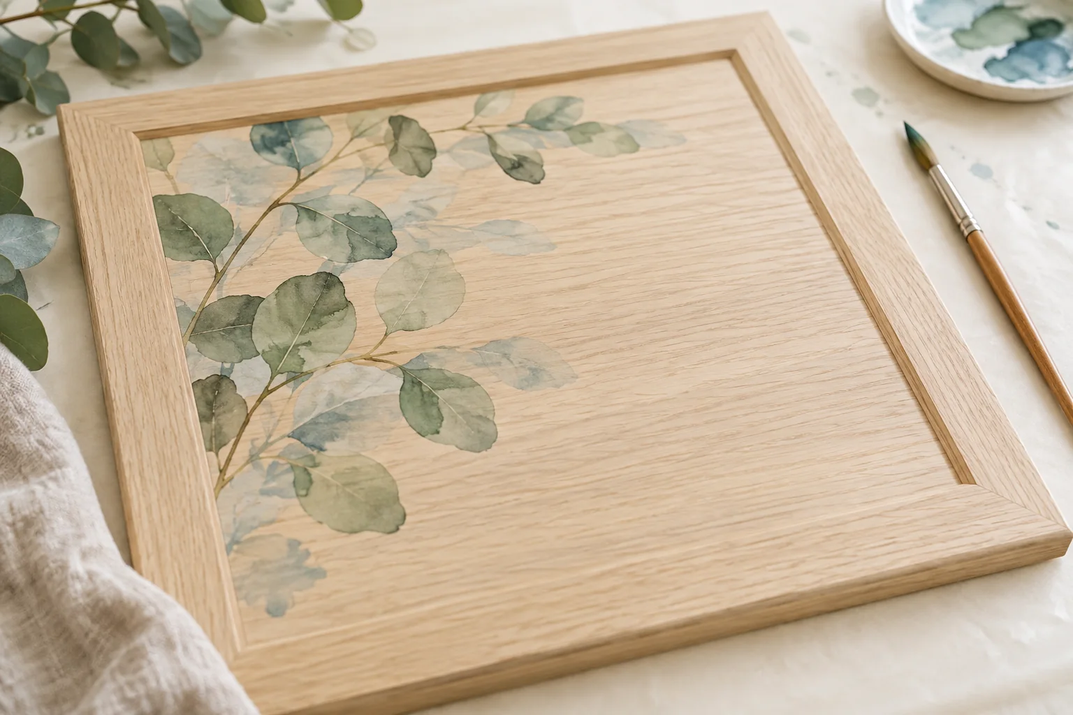 Zurückhaltendes Aquarell-Blattmotiv auf einer flach liegenden Holzfront mit viel freier Holzfläche