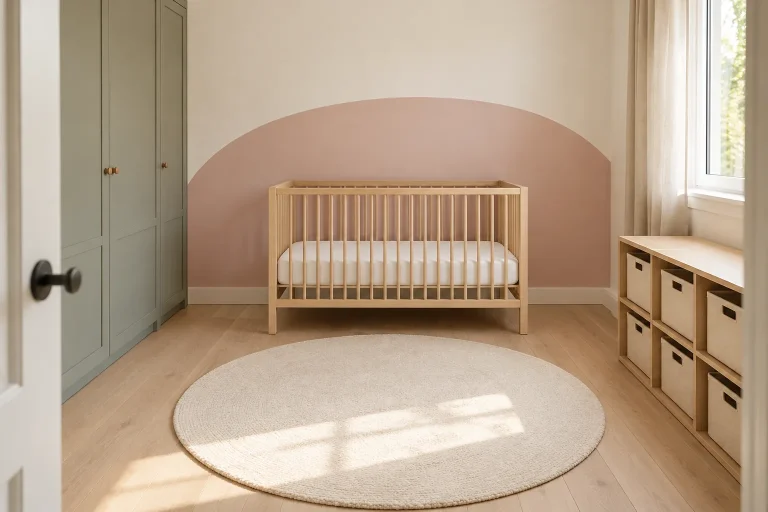 Neutrales Babyzimmer mit Naturholz, Salbei, sanftem Rosé und freier Bodenfläche