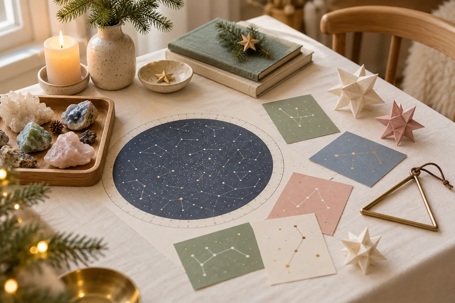 Papiersterne, eine Sternkarte, kleine Mineralien und eine Triangel auf einem hellen Tisch als Inspiration für kreative Adventsmomente