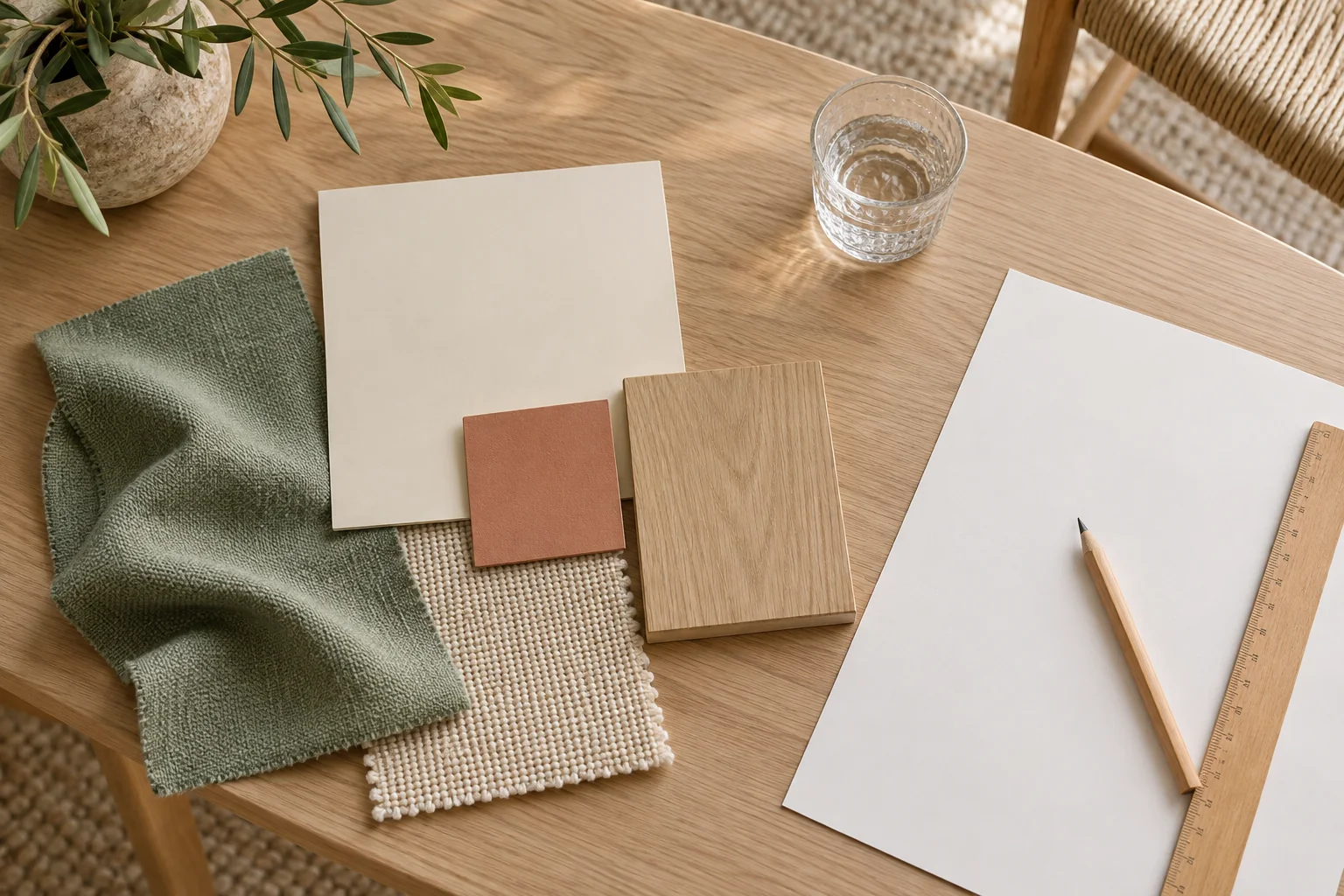 Farb- und Stoffmuster in Creme, Salbeigrün und Terrakotta neben einer Holzprobe