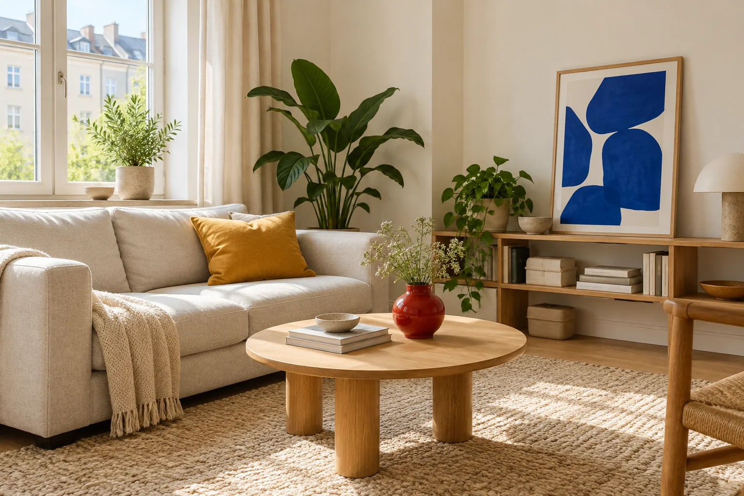 Helles Wohnzimmer mit blauem Bild, gelbem Kissen und kleiner roter Vase als Farbakzente