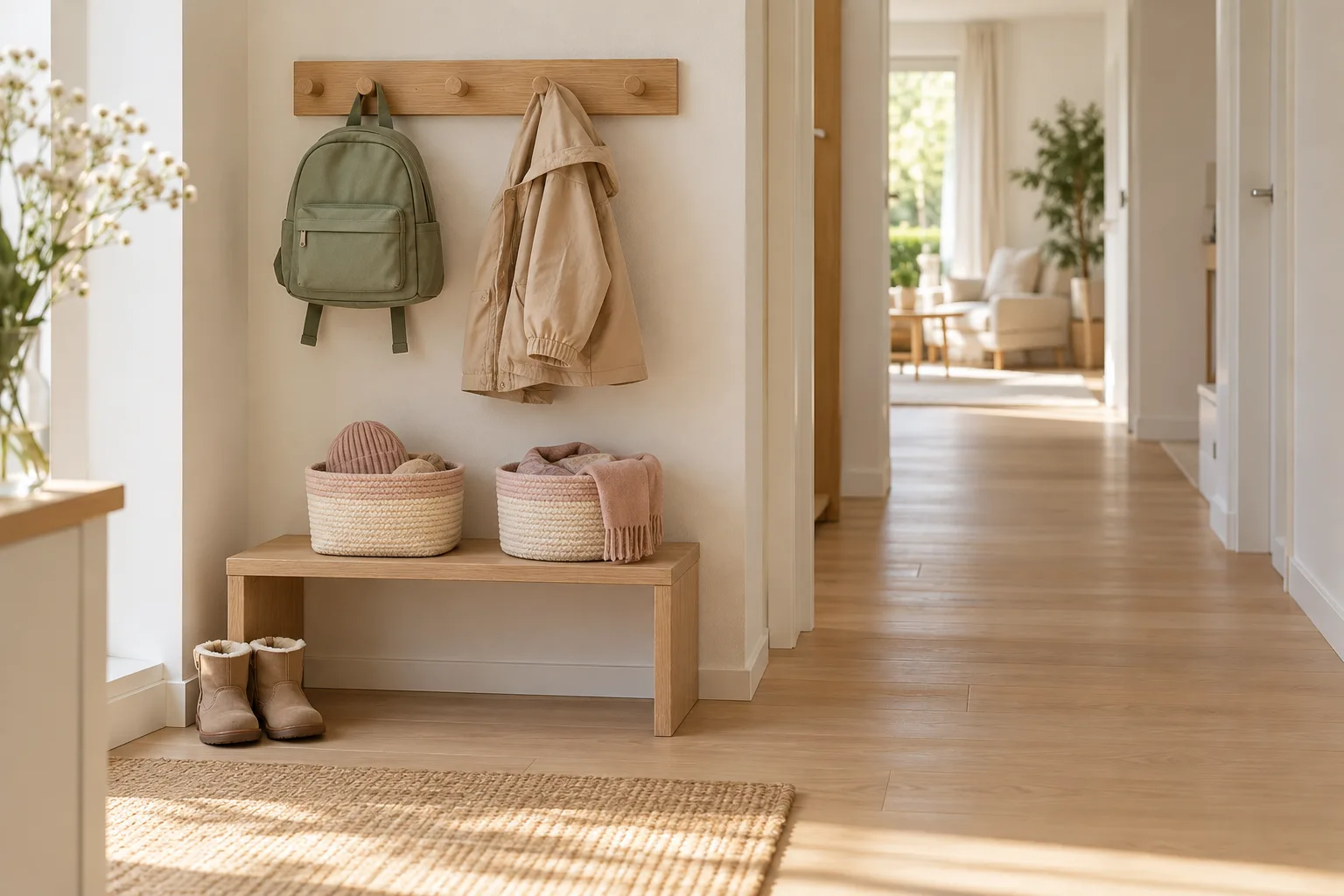 Kindergarderobe mit niedrigem Haken, Rucksack und Körben für Mütze und Schal