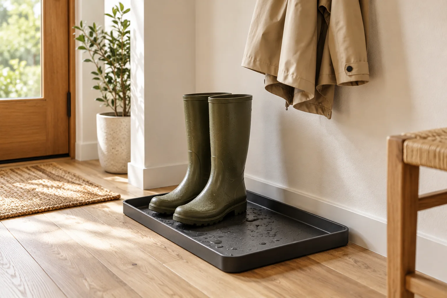 Gummistiefel in einer Schuhwanne unter einer luftig aufgehängten Regenjacke