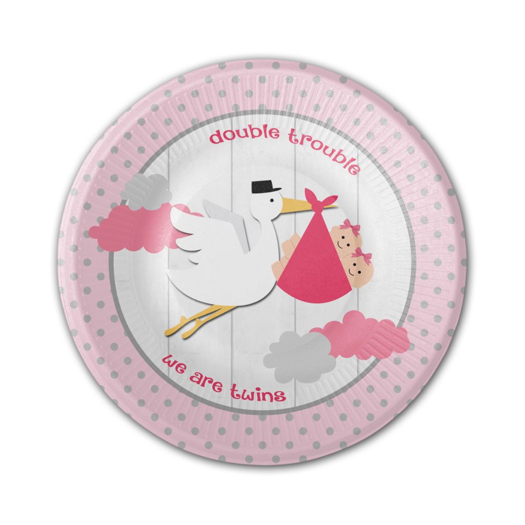 Rosa Babyparty-Teller mit Storchenmotiv für Zwillingsmädchen – Detailansicht des Originaldesigns.