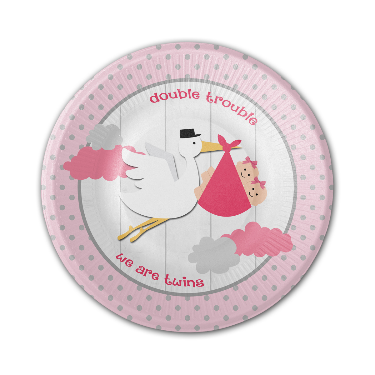 Rosa Babyparty-Teller mit Storchenmotiv für Zwillingsmädchen – Detailansicht des Originaldesigns.