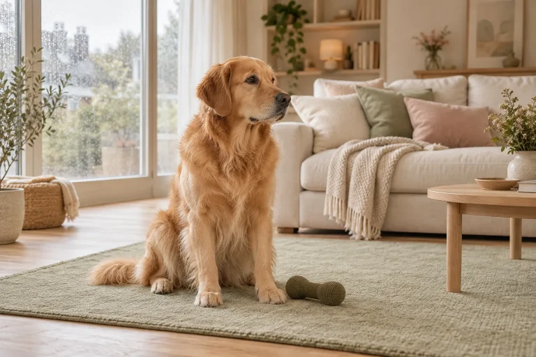 Golden Retriever auf einem hellen Teppich im Wohnzimmer an einem Regentag