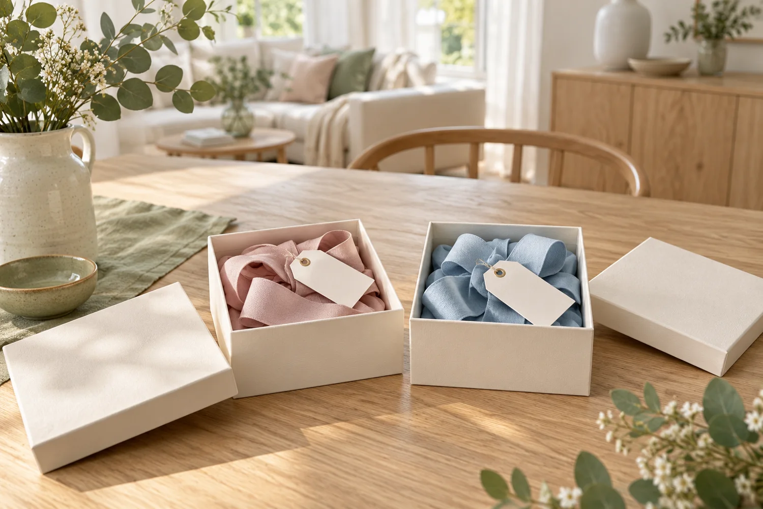Zwei offene helle Schachteln mit rosafarbenen und blauen Stoffbändern auf einem Holztisch