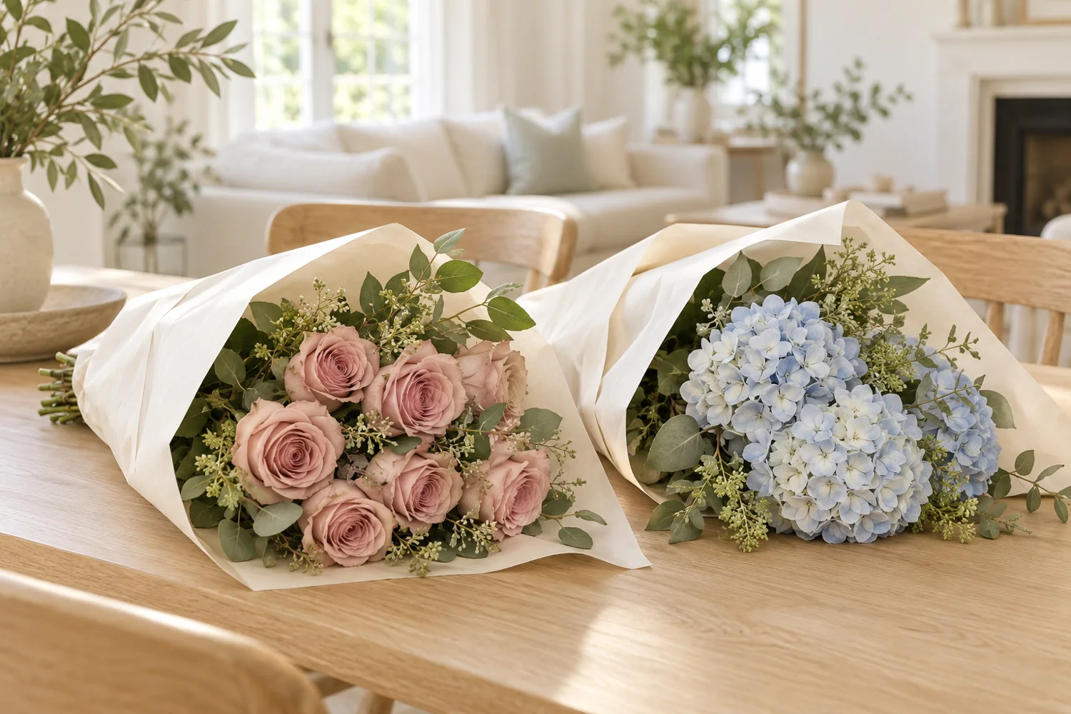 Zwei Blumensträuße mit rosafarbenen Rosen und blauen Hortensien, teilweise aus blickdichtem hellem Papier ausgewickelt