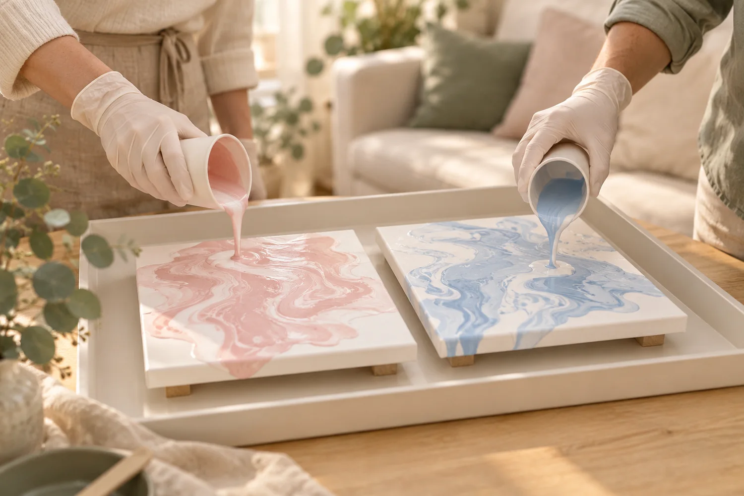 Zwei Hände gießen rosa und blaue Farbe auf getrennte Leinwände in einer geschützten Wanne als Idee für ein Gender Reveal mit Zwillingen
