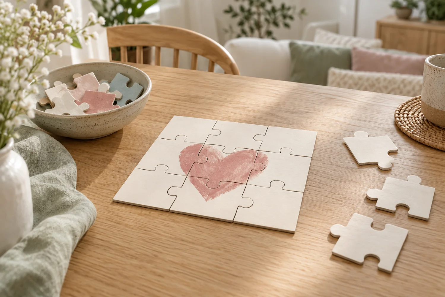 Ein einfaches helles Puzzle mit rosafarbenem Herz und einzelnen Puzzleteilen auf einem Tisch
