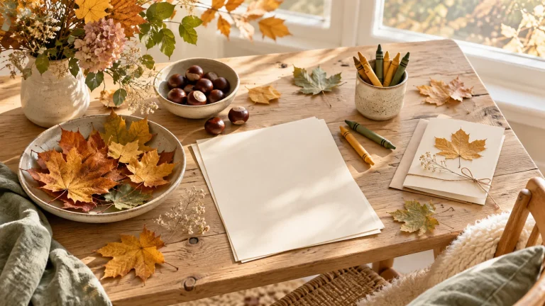 Herbstliche Bastelmaterialien auf einem hellen Holztisch