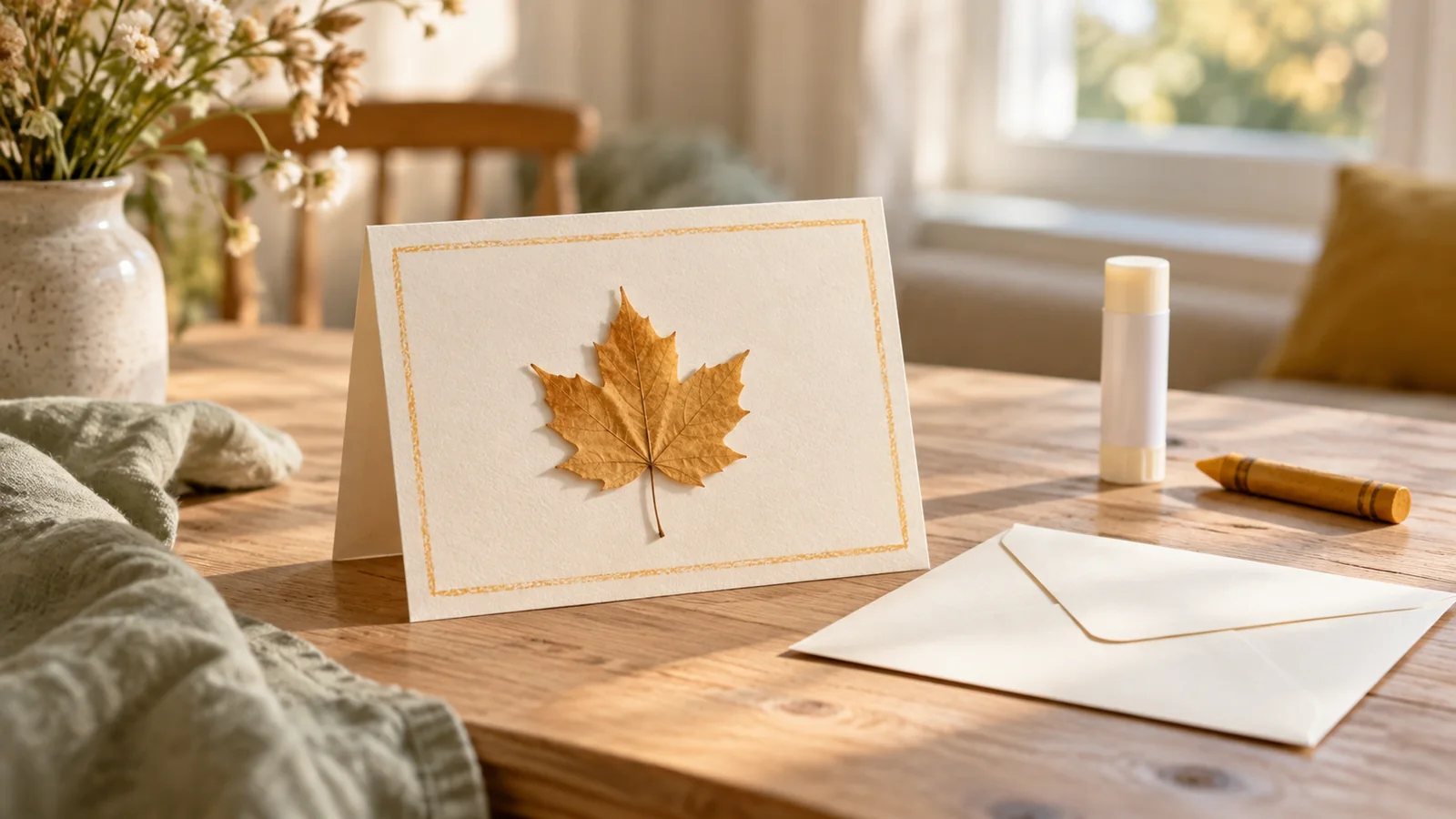 Gefaltete Herbstpostkarte mit einem aufgeklebten Blatt