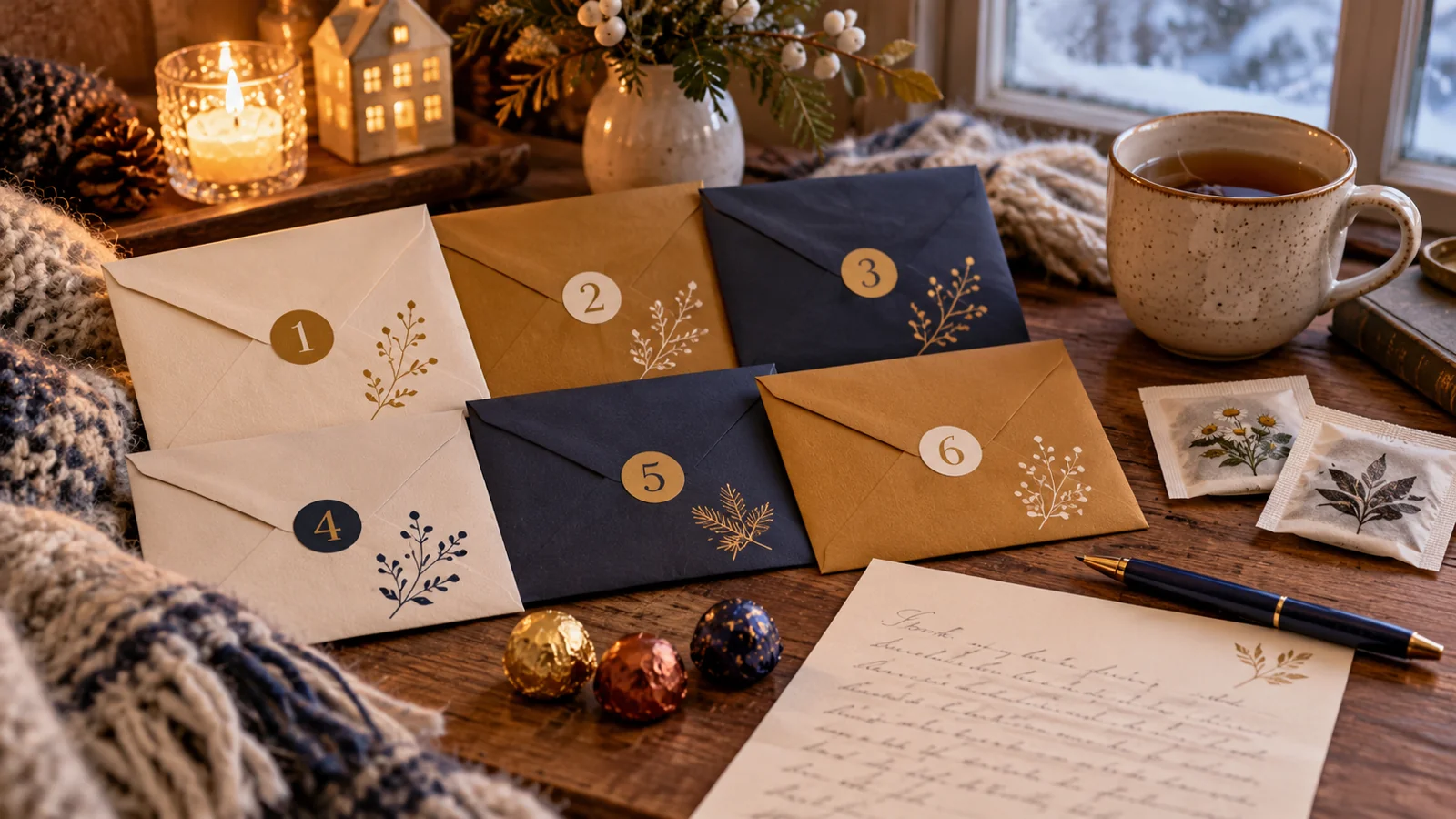 Sechs Adventsbriefe mit Tee, kleinen verpackten Schokoladen und einer persönlichen Nachricht.