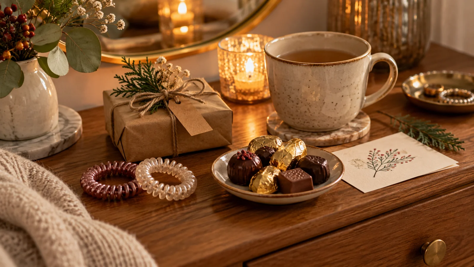 Adventspäckchen mit Haargummis, Tee und einer selbst gezeichneten Route.
