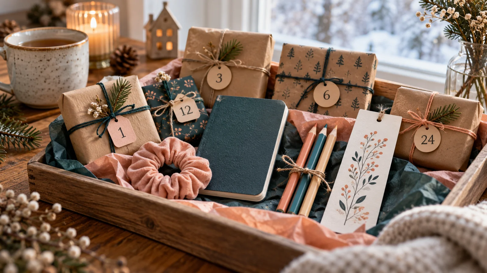 Kleine Notizhefte, Stifte, Haargummi und nummerierte Adventspäckchen auf einem Tisch.