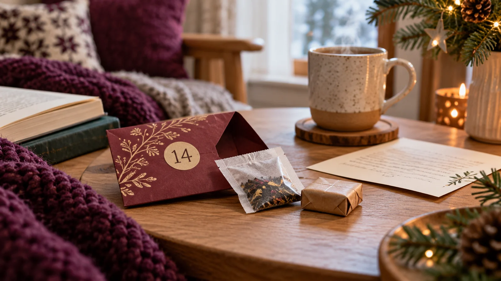 Adventskuvert mit Tee und einer kleinen verpackten Süßigkeit neben einer Tasse.