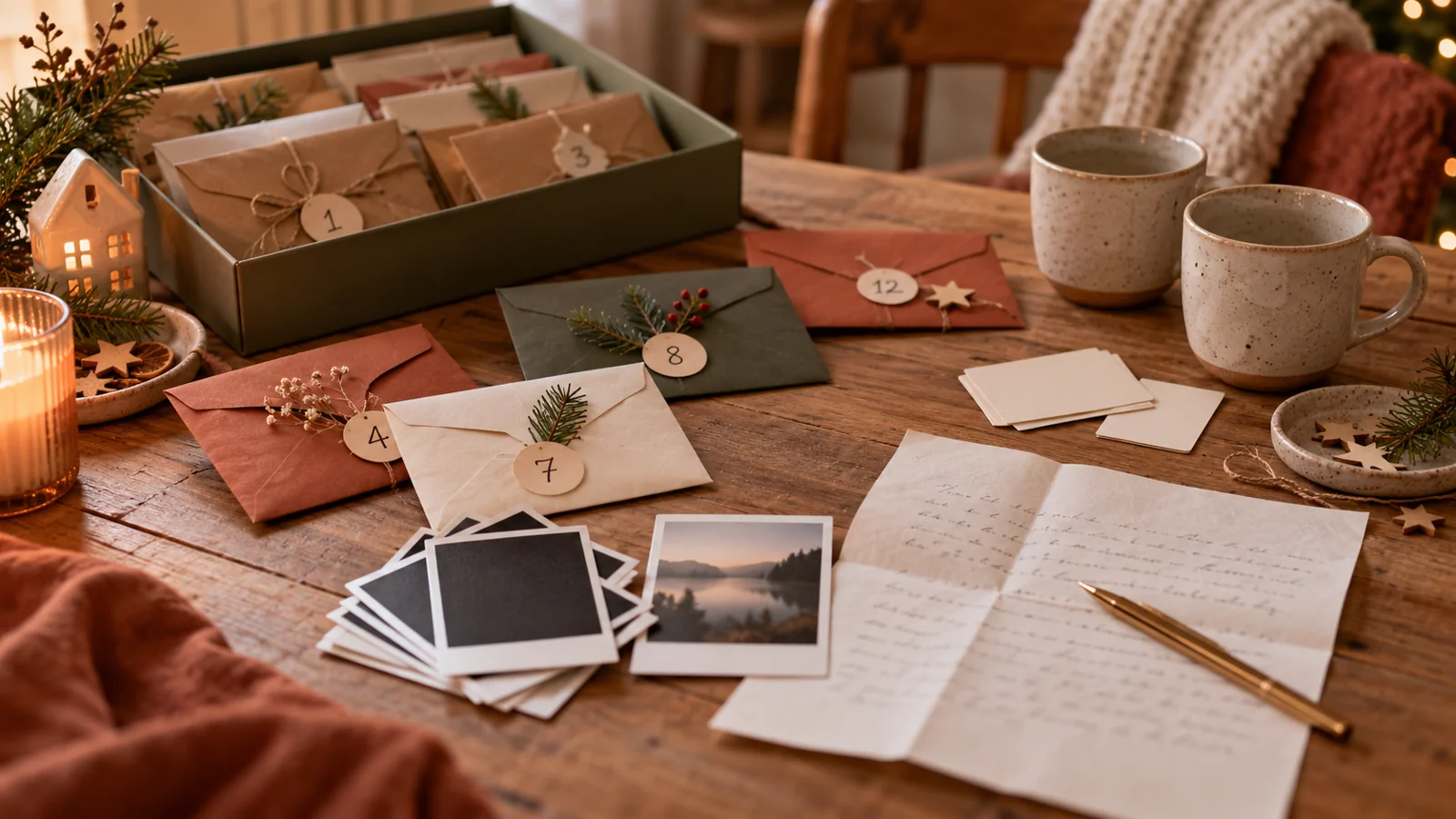 Persönliche Briefe, eigene Fotos und kleine Adventsumschläge auf einem Tisch.