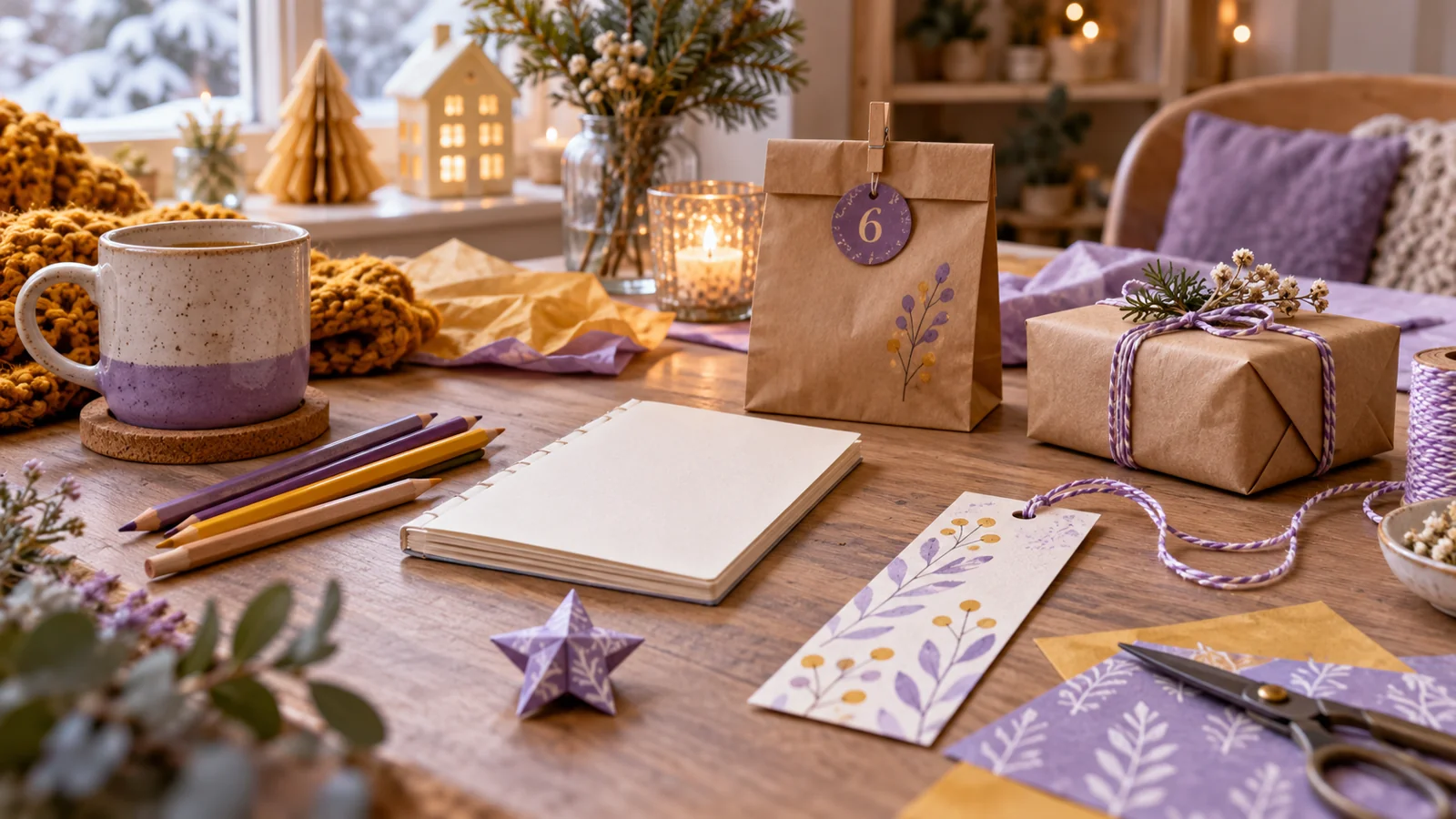 Papierstern, Lesezeichen, Farbstifte und ein kleines Adventspäckchen auf einem Basteltisch.
