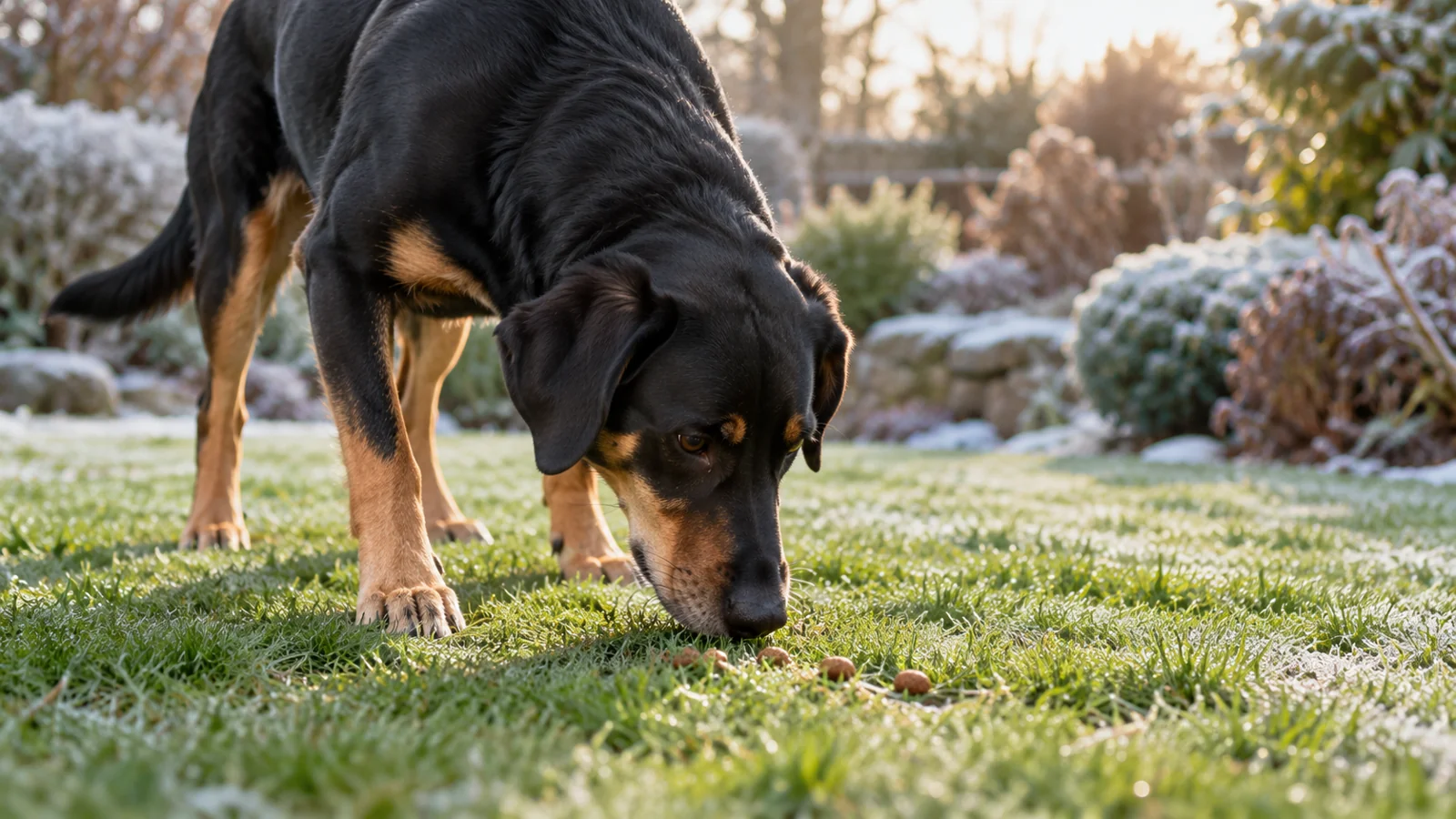Hund sucht mit der Nase wenige Futterstücke im Gras.