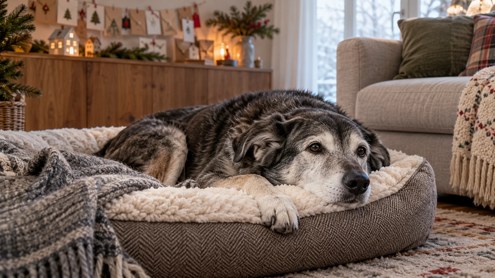 Älterer Hund ruht auf seinem vertrauten Liegeplatz im winterlichen Wohnzimmer.