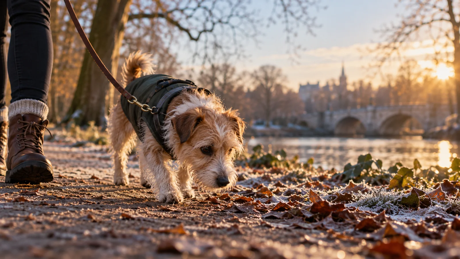 Terrier schnüffelt an lockerer Leine auf einem ruhigen Winterspaziergang.