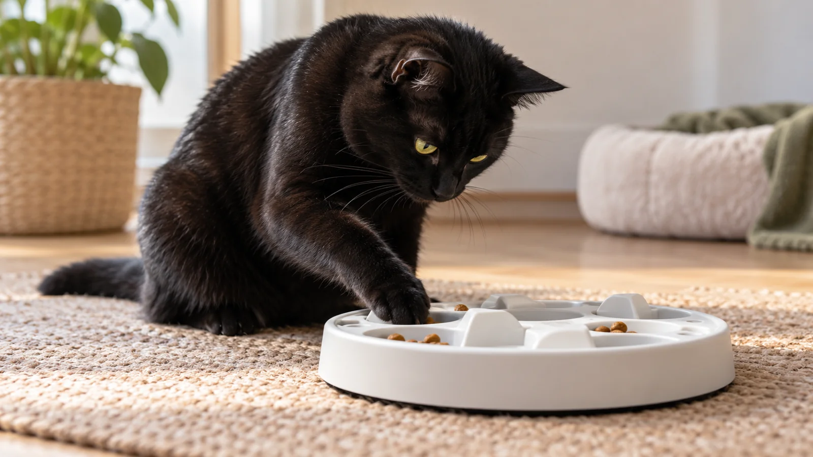 Katze untersucht eine leicht befüllte symbolische Futtersuchplatte mit offenen Fächern.
