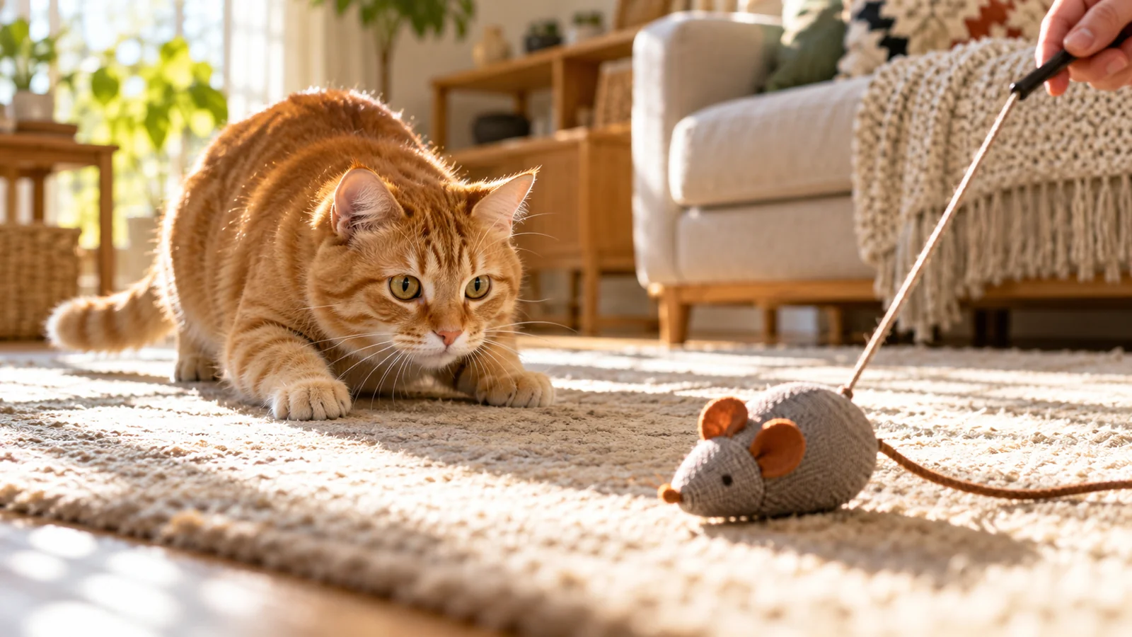 Katze beobachtet bodennah ein kontrolliert bewegtes Spielzeug.