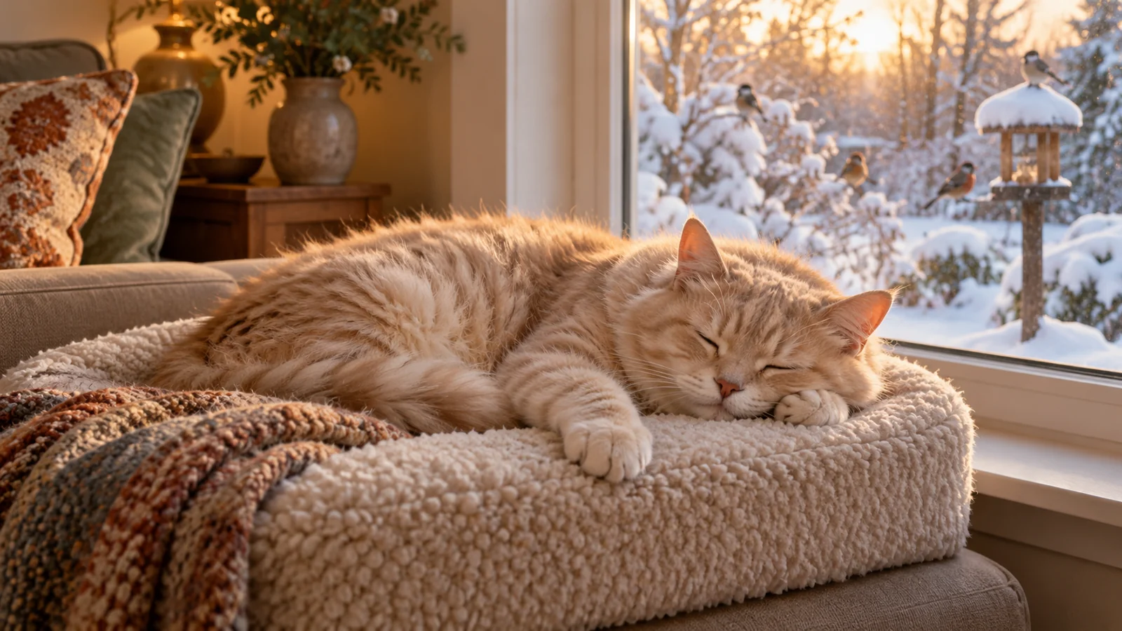 Ältere Katze ruht auf einer breiten stabilen Liegefläche vor einem geschlossenen Winterfenster.
