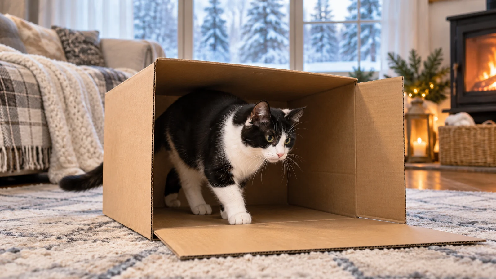 Katze erkundet einen offenen großen Karton auf einem Teppich.