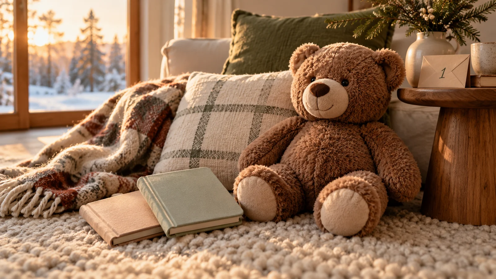 Stoffbilderbücher und großer Teddybär in einer gemütlichen Vorleseecke.