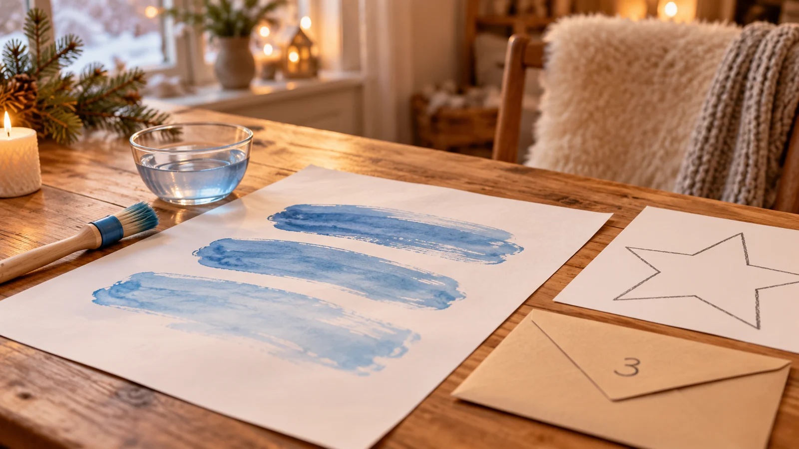 Vorbereiteter Maltisch mit breiten Wasserpinselspuren und einer gezeichneten Sternkarte.