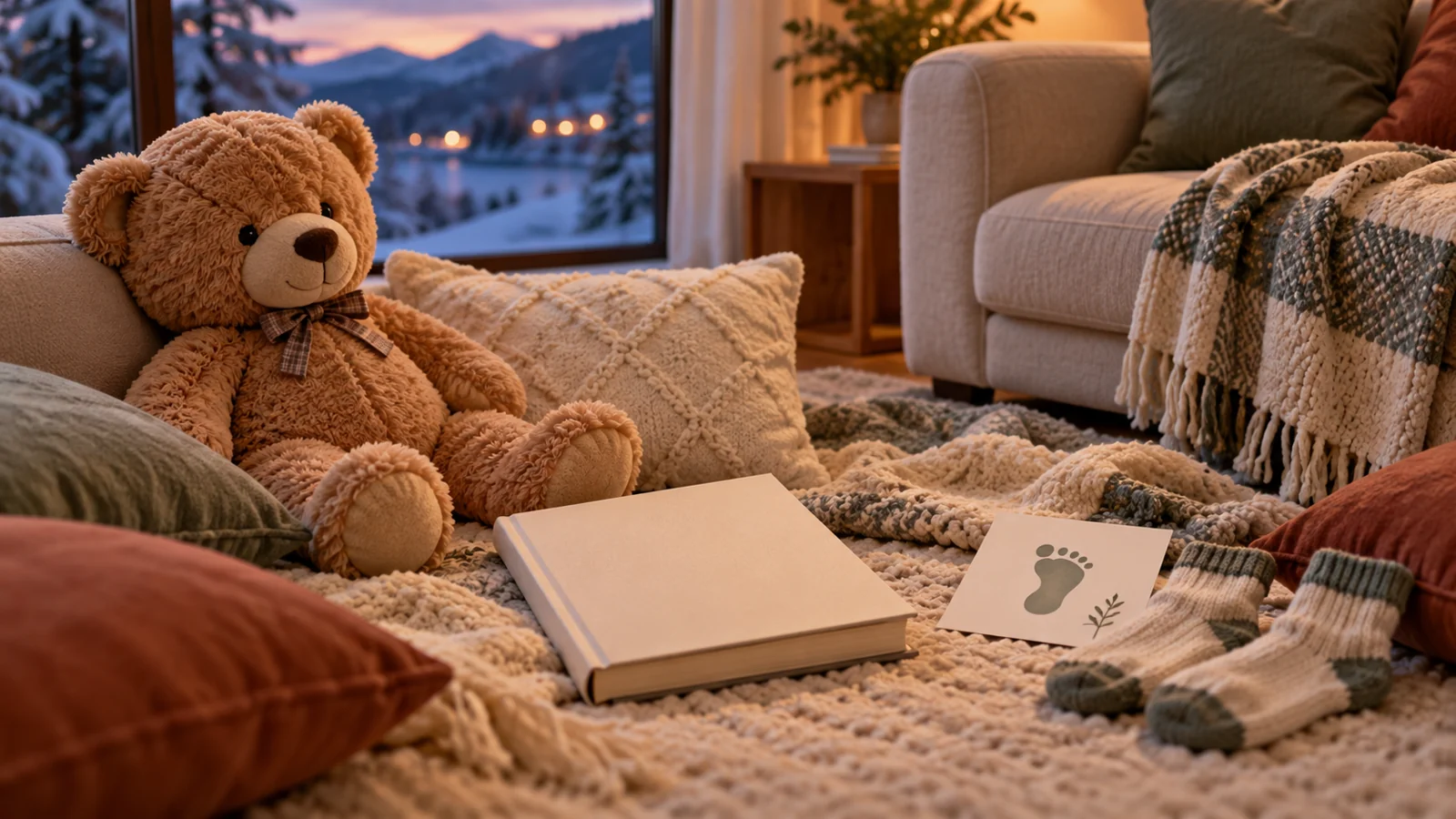 Kuscheltier, Bilderbuch und Decke für ein gemeinsames Wohnzimmerpicknick.