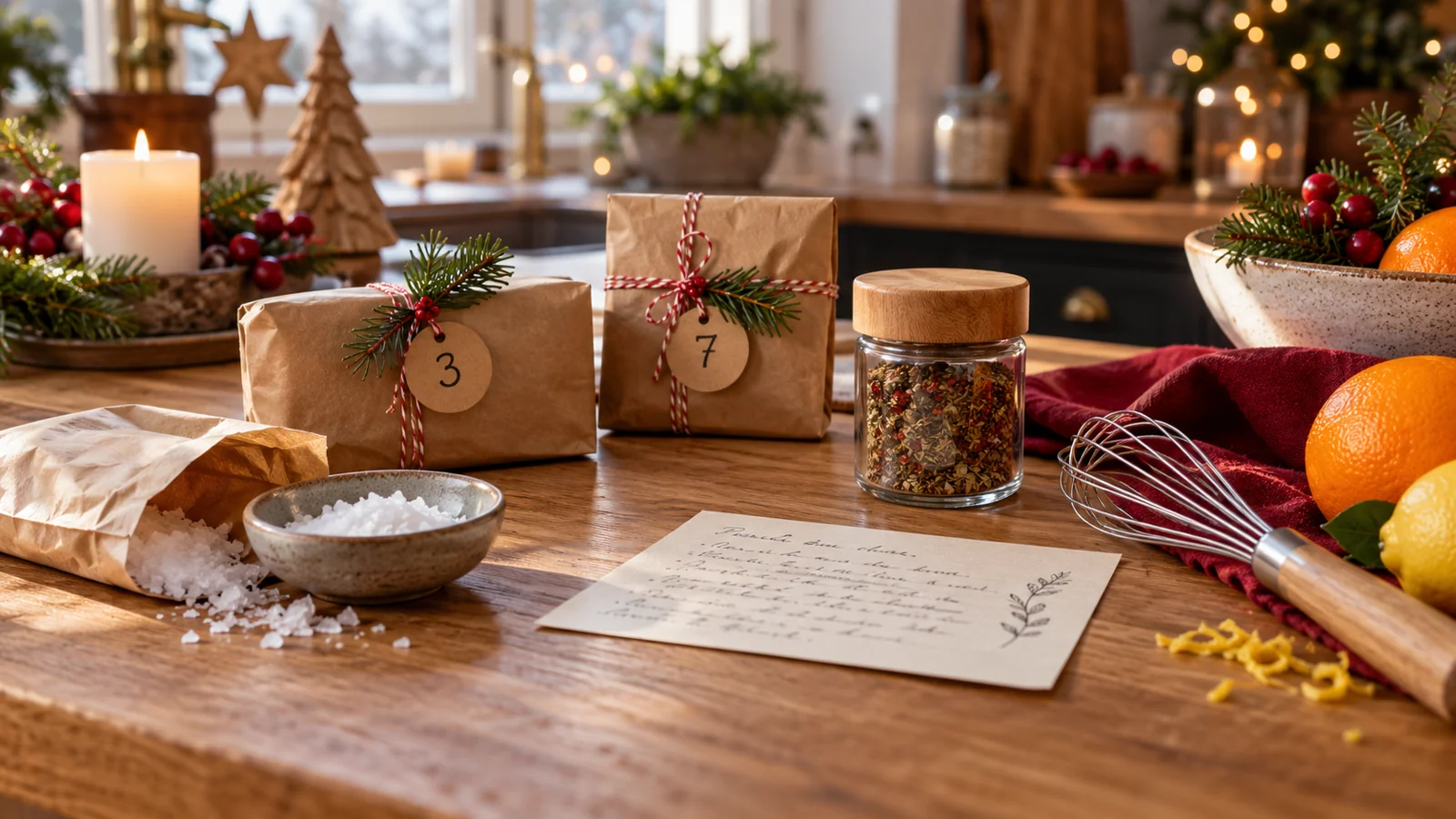 Adventspäckchen mit symbolisch dargestellten Gewürzen und einer Rezeptkarte in einer Küche.