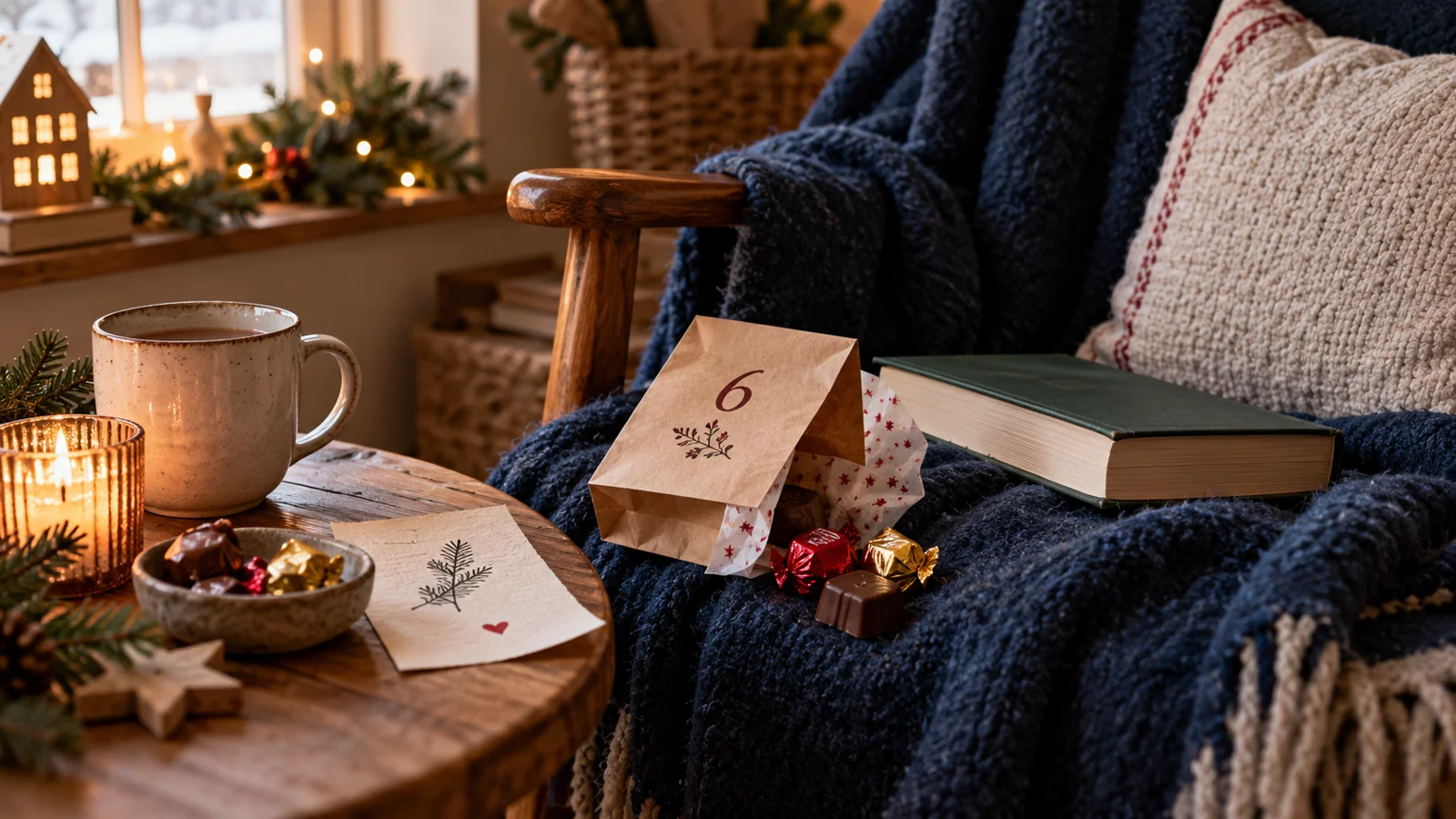 Nummeriertes Adventskuvert, Buch, Getränk und kleine verpackte Süßigkeiten an einem Lesesessel.