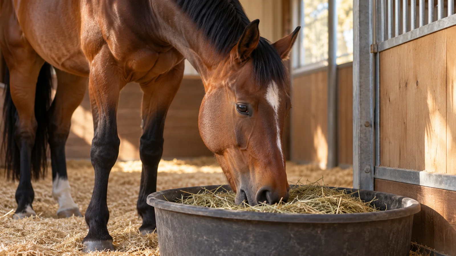 Pferd frisst vertrautes Heu aus einer breiten Futterschale.