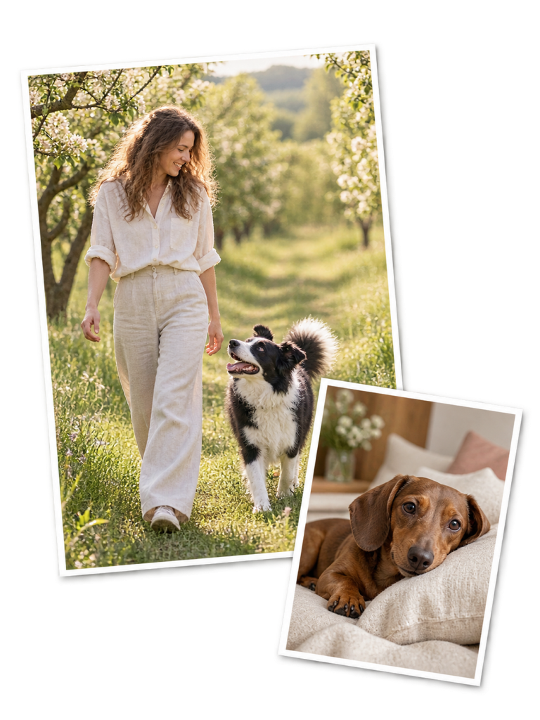 Neue Fotocollage mit Spaziergang im Obstgarten und entspanntem Dackel