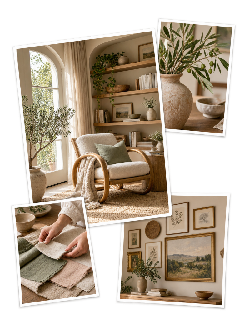 Neue Fotocollage mit Leseecke, Vase, Stoffmustern und Bilderwand