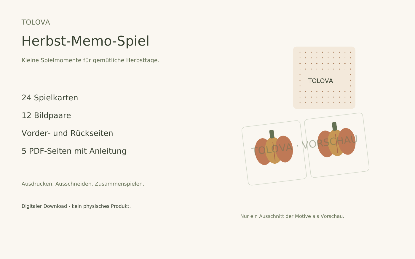 Herbst-Memo-Spiel zum Ausdrucken: geschützte Übersicht mit 24 Karten, 12 Bildpaaren, TOLOVA-Rückseiten und fünf PDF-Seiten