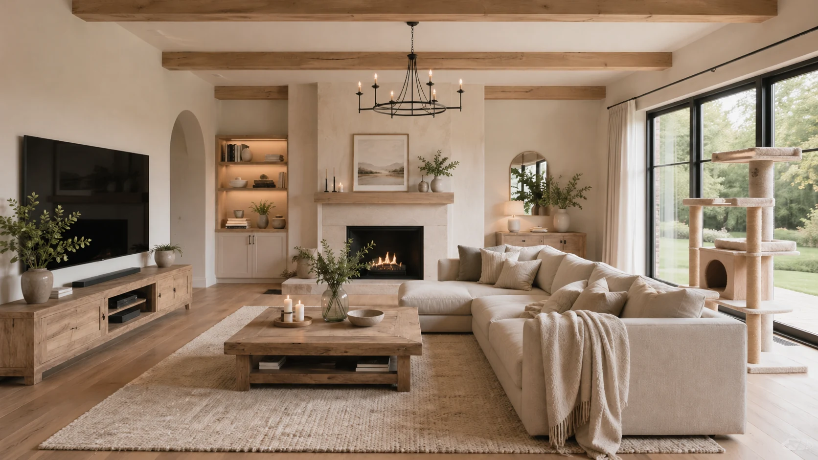 Gemütliches Wohnzimmer des virtuellen TOLOVA-Hofs mit hellem Sofa, Holzbalken, Kamin und Katzenbaum