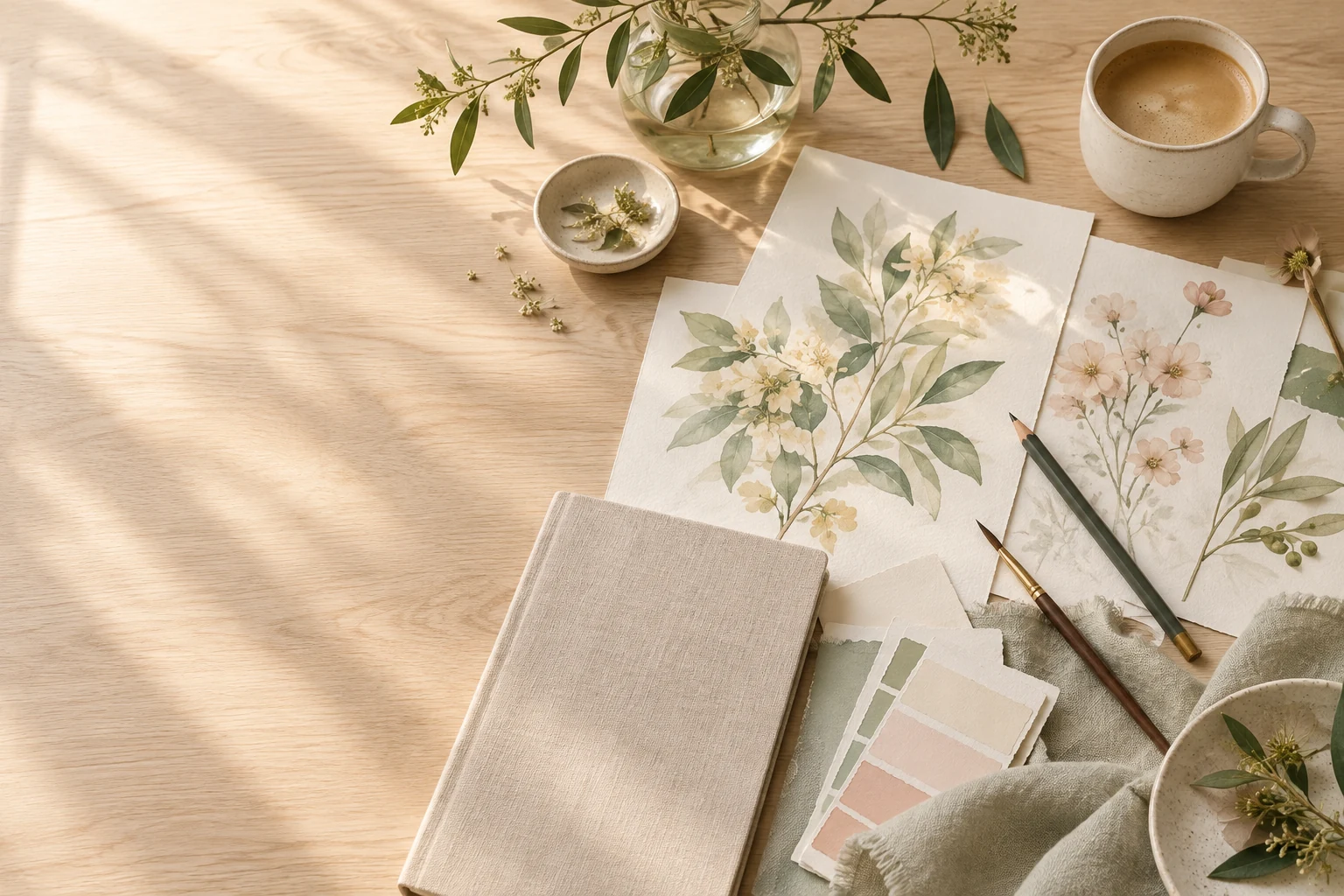 Helle kreative Studiowelt mit botanischen Motiven, Farbkarten und natürlichen Materialien