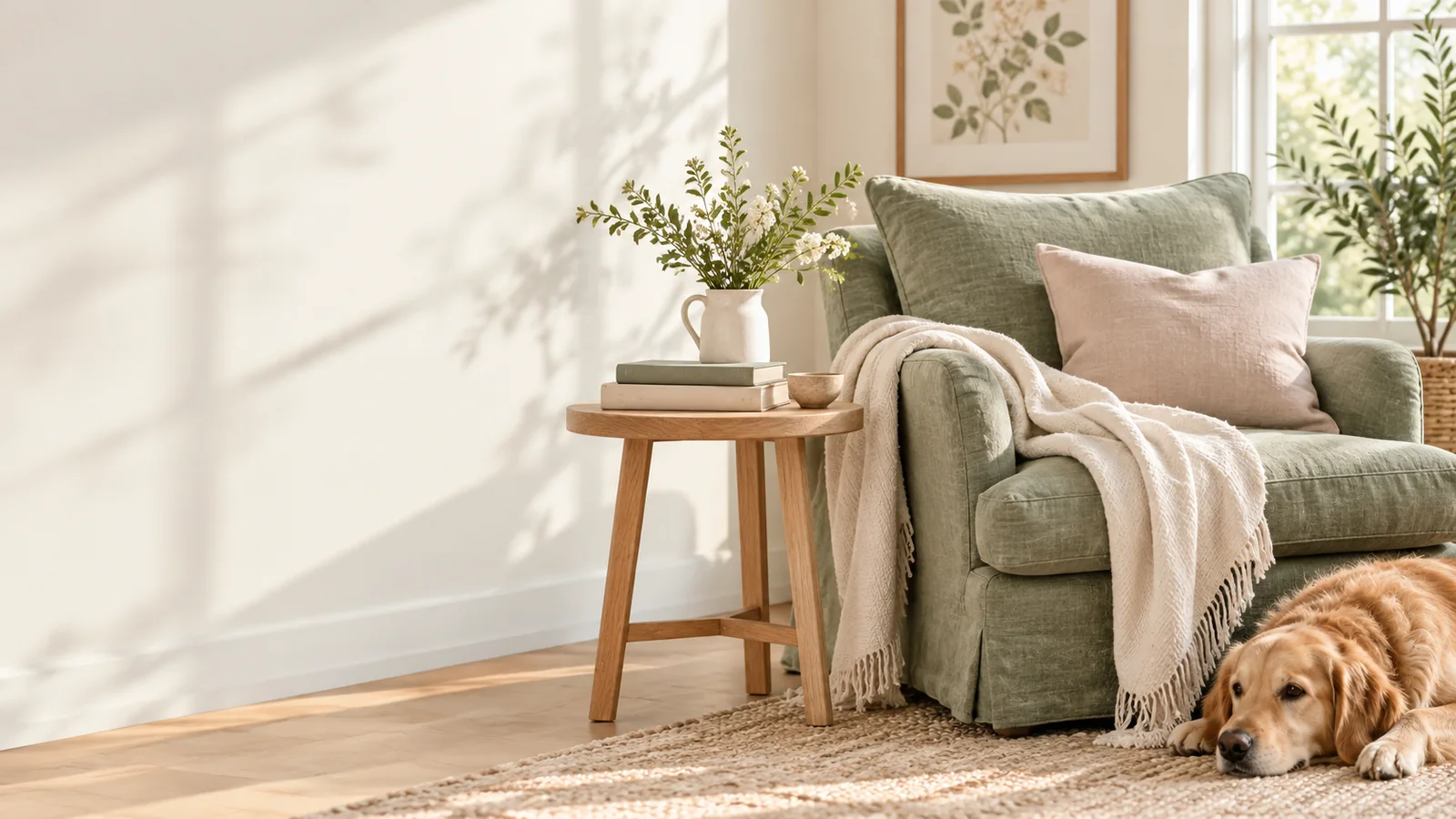 Heller Leseplatz mit Büchern, Leinenkissen und einem ruhenden Hund