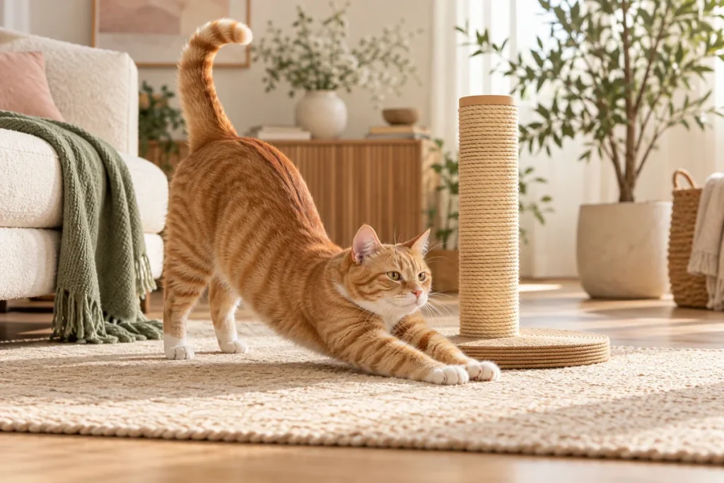Katze beim Strecken neben einem Kratzmöbel