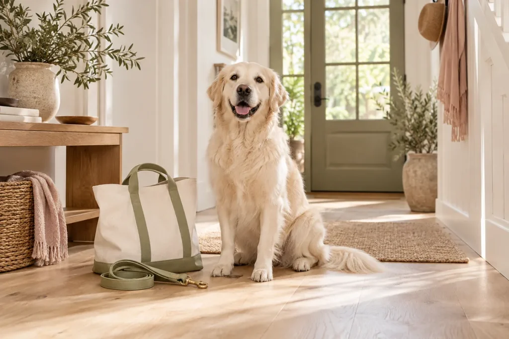 Hund neben einer Leine und Tasche im hellen Eingangsbereich